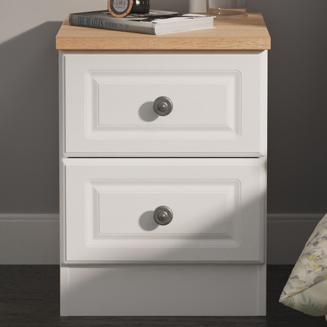 Crowndale Norfolk White Ash and Bardolino Oak 2 Drawer Compact Bedside Cabinet Ready Assembled - image 1