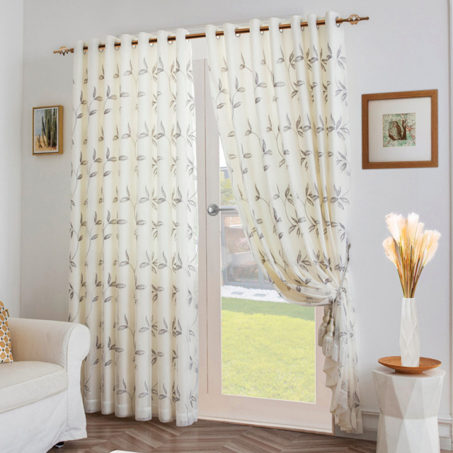 Alan Symonds Leaf Embroidered Ring Top Eyelet Tulle Voile Curtains Silver 147 x 137cm - image 1