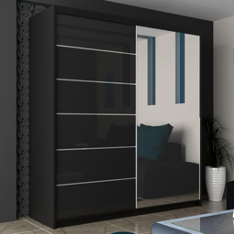 M N Furniture Inovo 2 Door Black High Gloss Mirrored Sliding Wardrobe 200cm