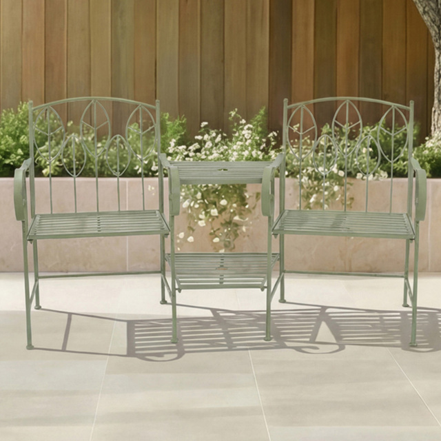 Charles Bentley Sage Green 2 Seater Rustic Metal Leaf Pattern Garden Companion Seat - image 1
