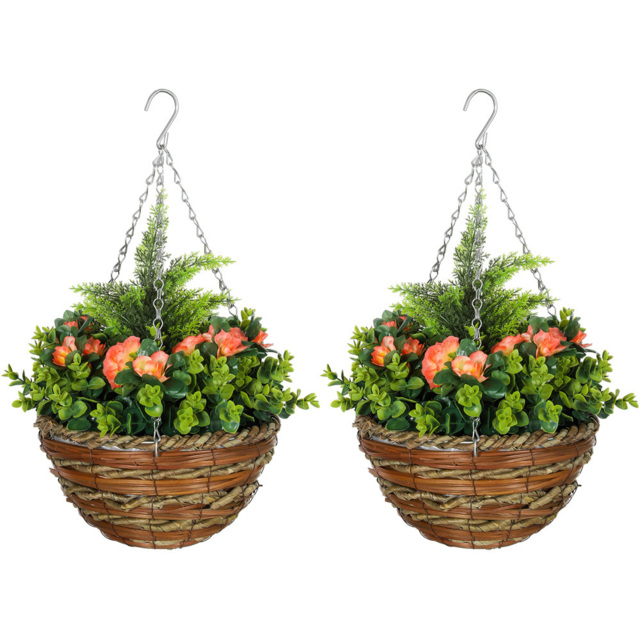 Portland Set of 2 Orange Lisianthus Artificial Faux Flower in Wicker Hanging Basket - image 1