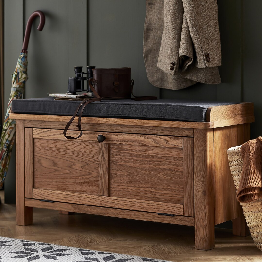 Norbury Oak Hallway Storage Bench with Cushion Natural by