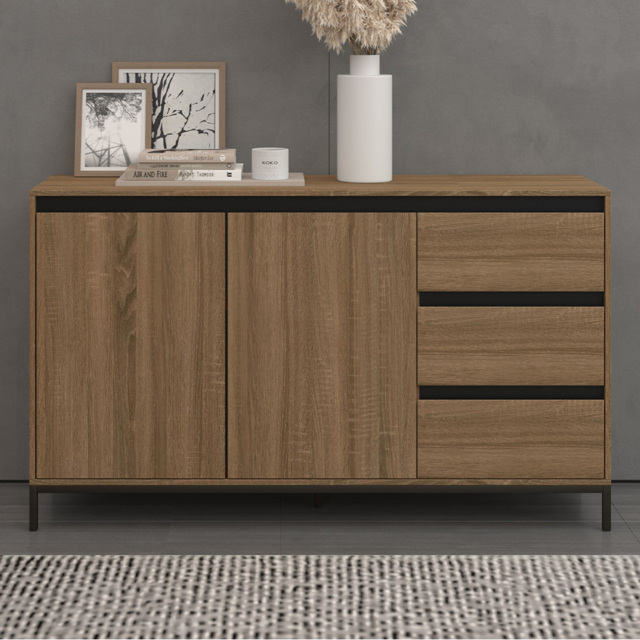 Loft24 Bari 2 Door 3 Drawer Oak Black Sideboard - image 1