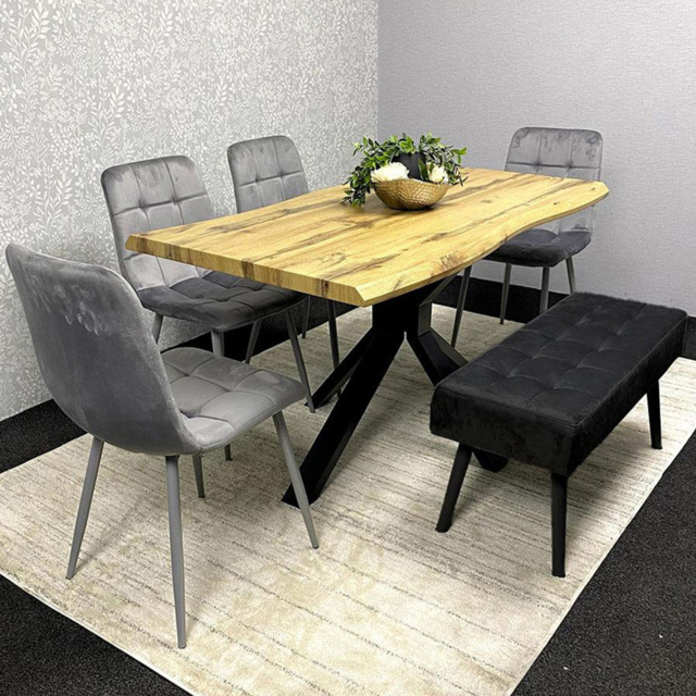 Portland Grey and Black 6 Seater Oak Effect Wooden Dining Set with Bench - image 1