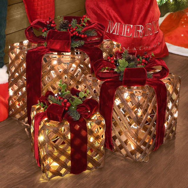 Red LED Velvet Present Christmas Decoration Set of 3 - image 1