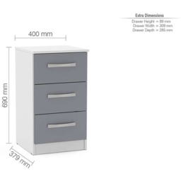 Lynx 3 Drawer White and Grey Bedside Table - thumbnail 4