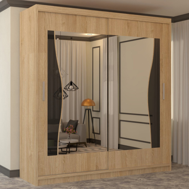 M N Furniture Banton 2 Door Oak Curved Mirrored Sliding Wardrobe 180cm - image 1