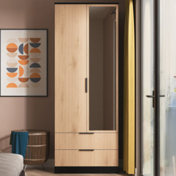 Crowndale Java Slatted Effect Black 2 Drawer Tall Double Wardrobe with Mirror Door Ready Assembled - thumbnail 1