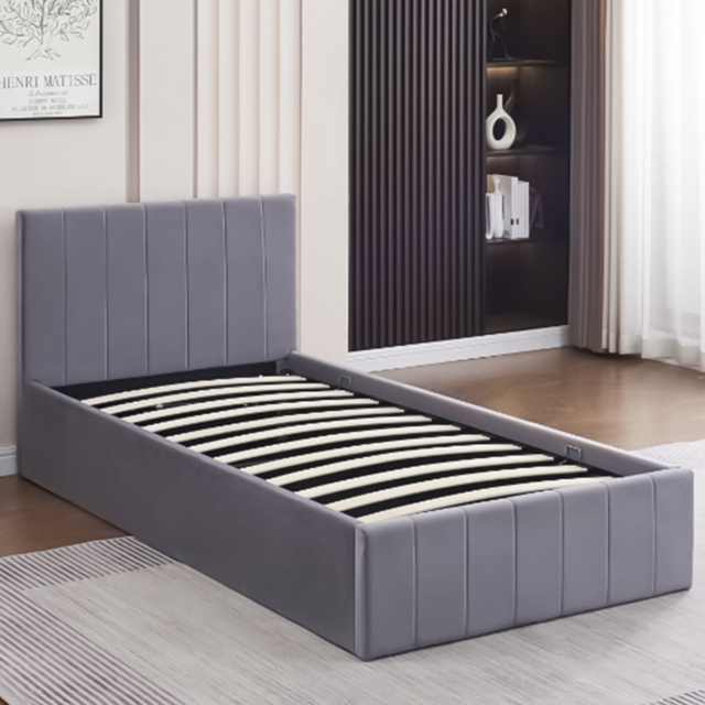 Portland Kosy Koala Single Grey Line Pattern Velvet Pine Wood Gas Lift Ottoman Bed - image 1