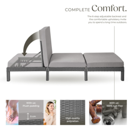 tectake Sofia Grey Sun Lounger with 6 Position Adjustable Backrest and Thick Padding - thumbnail 3