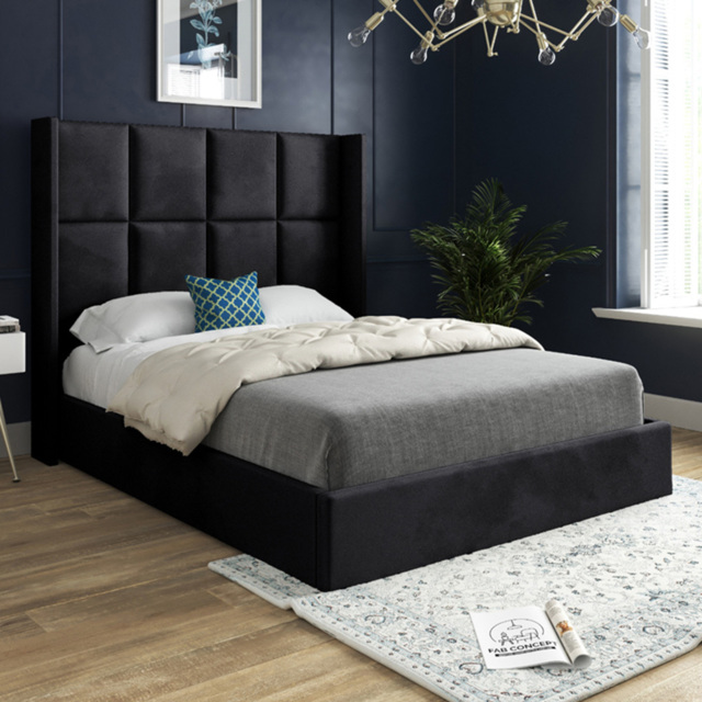 Quanta Small Single Black Soft Velvet Upholstered Bed Frame with Straight Winged Headboard - image 1