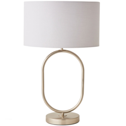 ValueLights Antonia Grey Fabric Drum Shade Brushed Chrome Oval LED Table Lamp