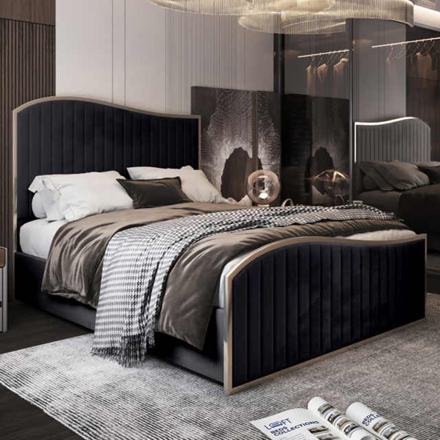 Brixton Black Small Double Velvet Upholstered Metal Bed Frame with Wave Headboard - image 1
