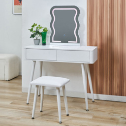 White 2 Drawer Wavey LED Mirror Dressing Table with Stool