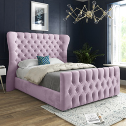 Parma Small Double Pink Soft Velvet Upholstered Bed Frame with Curved Winged Headboard