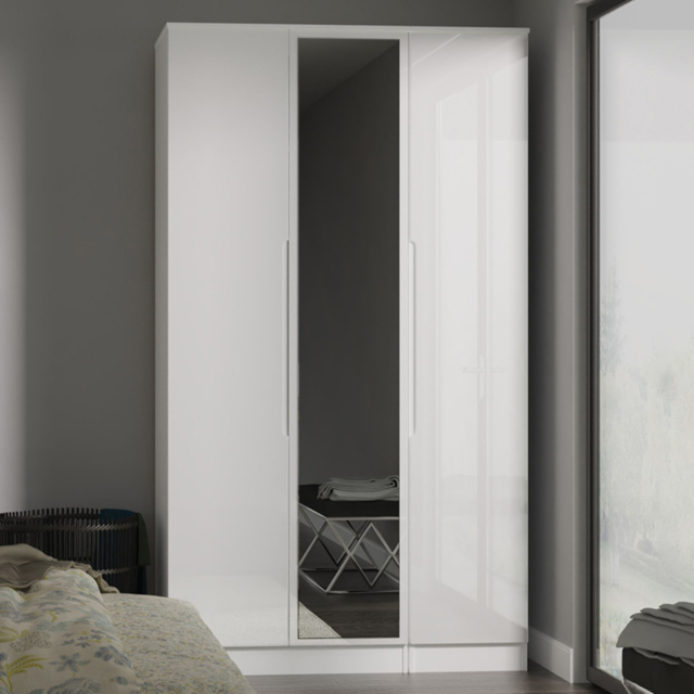 Crowndale Milan White Gloss and White 3 Door Tall Mirror Wardrobe Ready Assembled - image 1