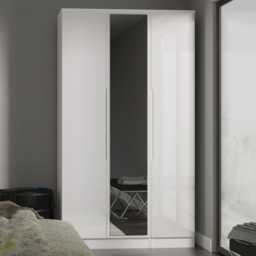 Crowndale Milan White Gloss and White 3 Door Tall Mirror Wardrobe Ready Assembled