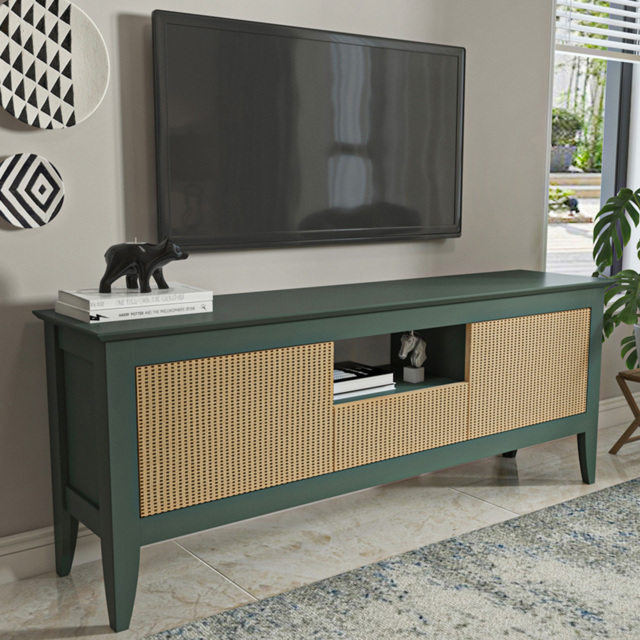 Decorotika Verde Green and Rattan 3 Door Single Shelf TV Unit - image 1