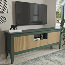 Decorotika Verde Green and Rattan 3 Door Single Shelf TV Unit - thumbnail 1
