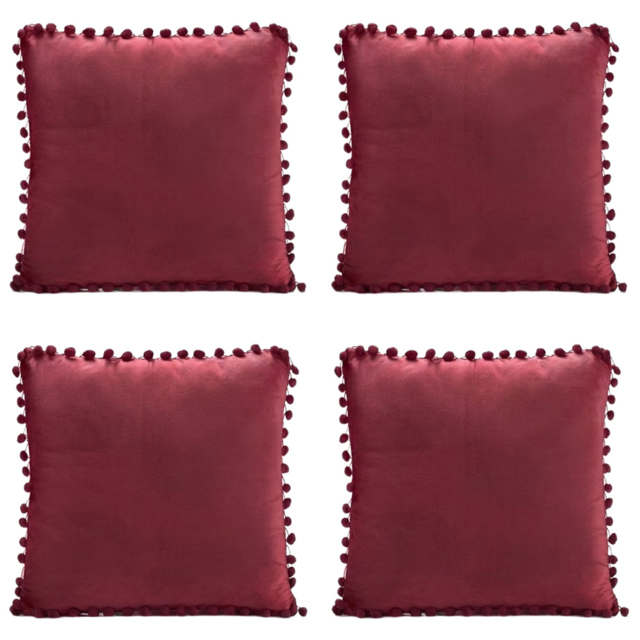 Alan Symonds Burgundy Pom Pom Edged Plain Cushion with Polyester Filled Pad 43 x 43cm 4 Pack