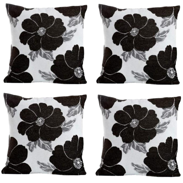 Alan Symonds Chenille Black Poppy Floral Cushion with Polyester Filled Pad 45 x 45cm 4 Pack