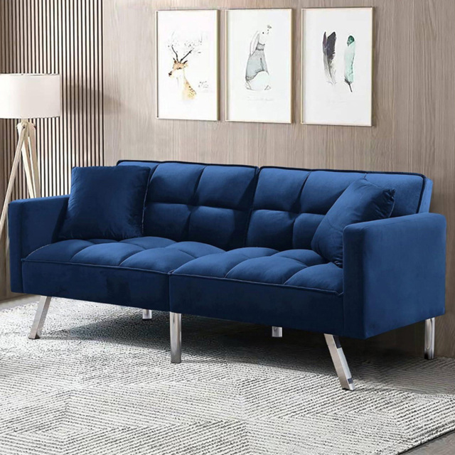 Portland 2 Seater Blue Velvet Sofa Bed with Pillows - image 1