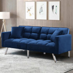 Portland 2 Seater Blue Velvet Sofa Bed with Pillows