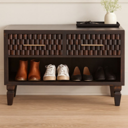 Artisan Furniture Cadiz Carved Velvet Mocha 2 Drawer Single Shelf  Mango Wood Shoe Storage Bench