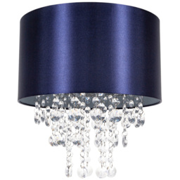Happy Homewares Navy Blue Satin Fabric Ceiling Pendant Shade with Transparent Acrylic Droplets
