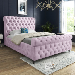 Savana Small Double Pink Soft Velvet Upholstered Sleigh Bed Frame with Scrolled Headboard