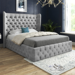 Florence Grey King Size Velvet Upholstered Bed Frame with Wide Winged Chesterfield Headboard