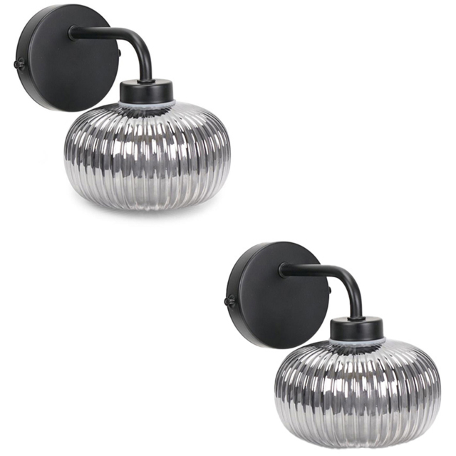 ValueLights Amaia Matt Black Smoked Ribbed Glass LED Wall Light 2 Pack - image 1
