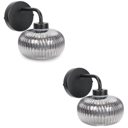 ValueLights Amaia Matt Black Smoked Ribbed Glass LED Wall Light 2 Pack - thumbnail 1