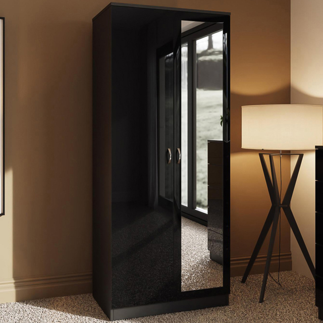 FWStyle Chilton 2 Door Black Gloss Mirrored Wardrobe - image 1