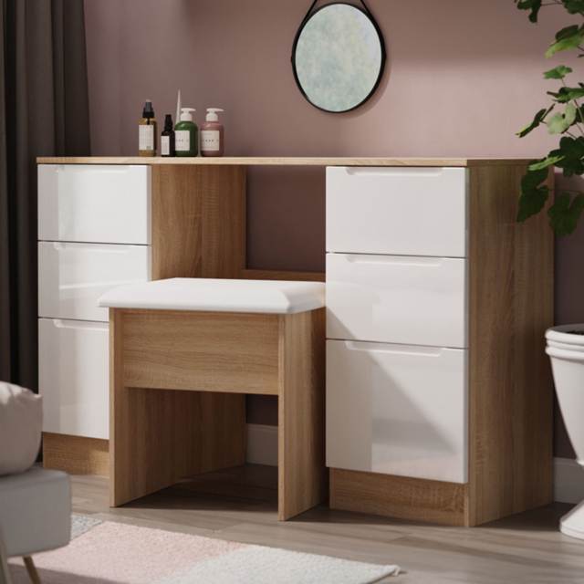 Crowndale Milan White Gloss and Bardolino Oak 6 Drawer Kneehole Desk Ready Assembled - image 1