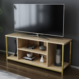 Decorotika Rinaldo 4 Shelf Gold and Oak Metal Frame Wide TV Unit