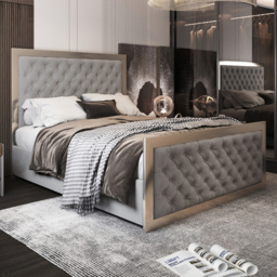 Maddison Grey King Size Velvet Upholstered Metal Bed Frame with Padded Headboard