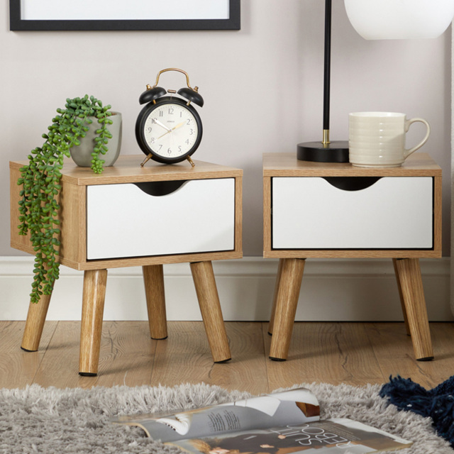 Home Source Boden Oak and White Single Drawer Bedside Table 2 Pack - image 1