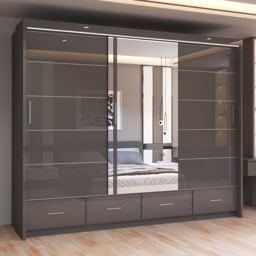 Sliding Wardrobes 4U Sycylia Grey High Gloss 3 Door 4 Drawer Mirror Wardrobe