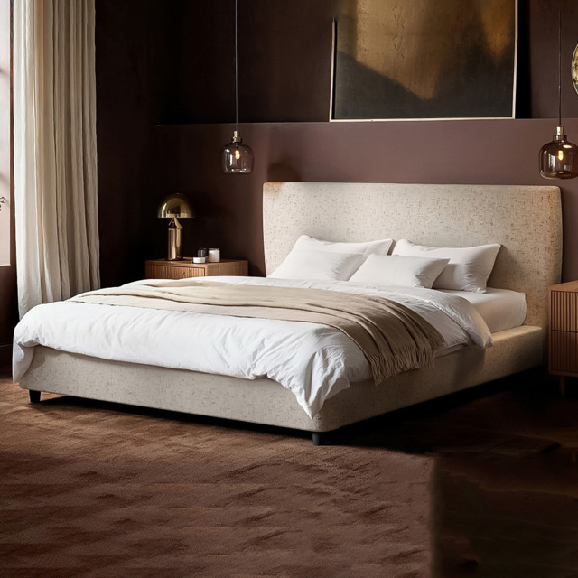 Solace+Co Luciana King Size Cream Chenille Upholstered Platform Bed Frame - image 1