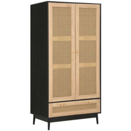 Croxley 2 Door Single Drawer Black and Oak Rattan Wardrobe - thumbnail 2