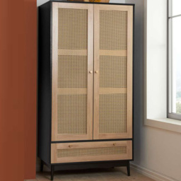 Croxley 2 Door Single Drawer Black and Oak Rattan Wardrobe