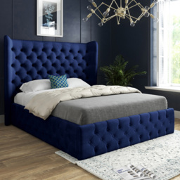 Florence Blue Double Velvet Upholstered Bed Frame with Wide Winged Chesterfield Headboard