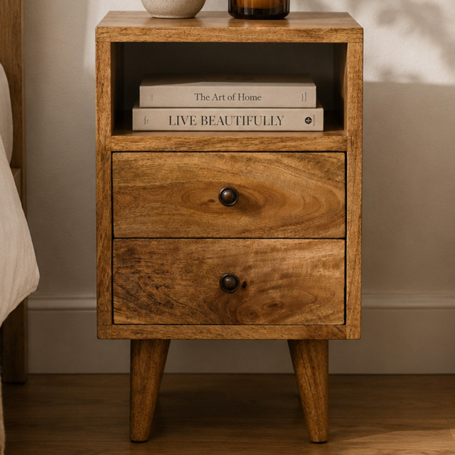 Artisan Furniture Mini Oak Classic 2 Drawer Single Shelf Mango Wood Open Bedside Table - image 1