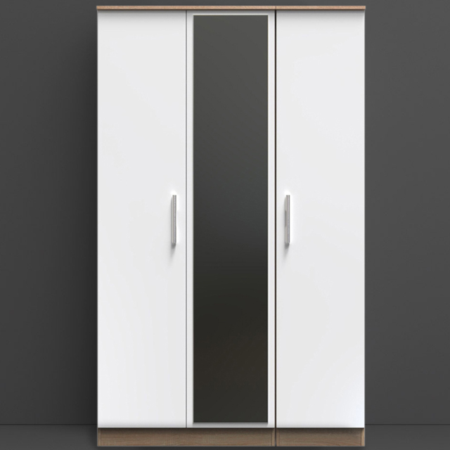 Crowndale Contrast White and Bardolino Oak 3 Door Tall Mirrored Wardrobe Ready Assembled - image 1