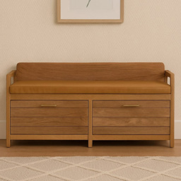 Artisan Furniture Oxford Oak-ish Brown 2 Drawer Solid Wood Upholstered Storage Bench