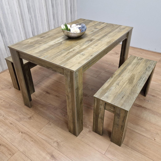 Portland 4 Seater Rustic Effect Dining Table Set with Benches - image 1