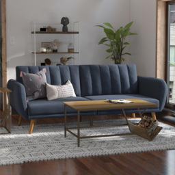Novogratz Brittany Linen 3 Seater Navy Blue Sofa Bed with Wooden Legs