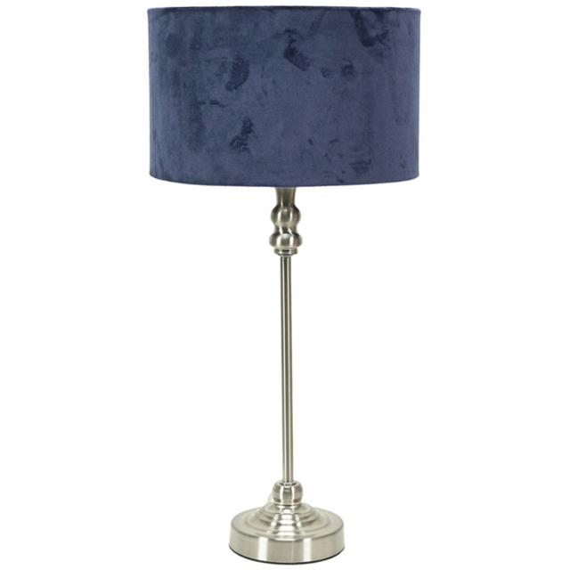 ValueLights Maggie Navy Blue Velvet and Brushed Chrome Drum Shade Candlestick LED Table Lamp - image 1