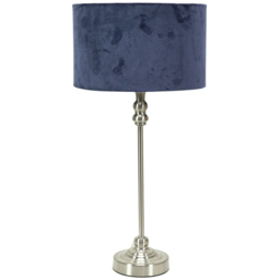 ValueLights Maggie Navy Blue Velvet and Brushed Chrome Drum Shade Candlestick LED Table Lamp